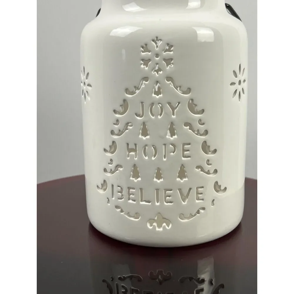 White Ceramic Christmas Lantern Cutout Tree Joy Hope Believe Luminary EUC